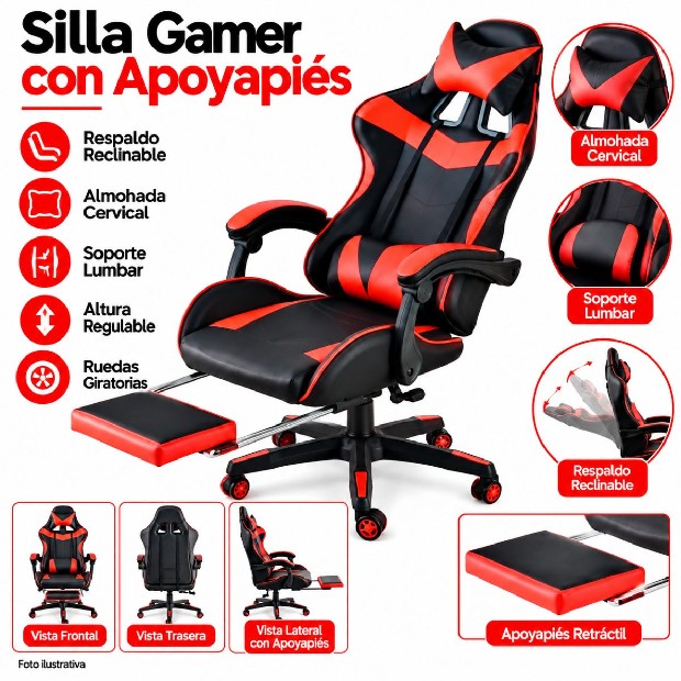 &ua SILLA GAMER 2 ALMOHADONES + APOYA PIES